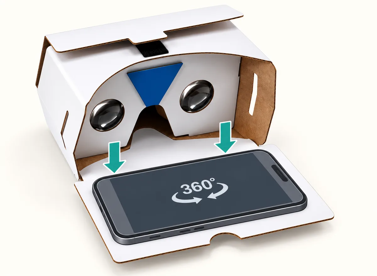Celular colocado centrado sobre un Cardboard abierto, listo para cerrarse