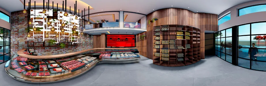 Recorrido 360° de una tienda con catálogo de productos en vitrina