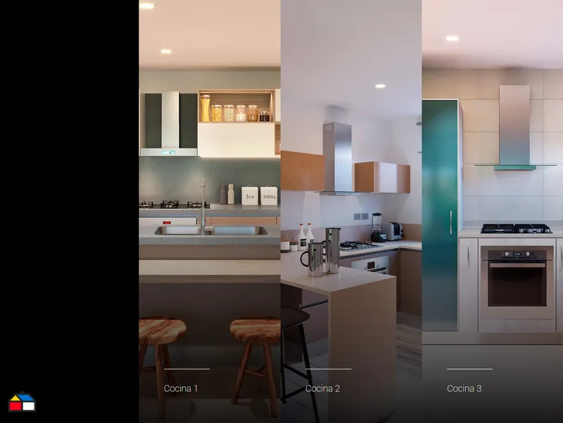 Comparativo de diseños de cocina en render 360°, Homecenter