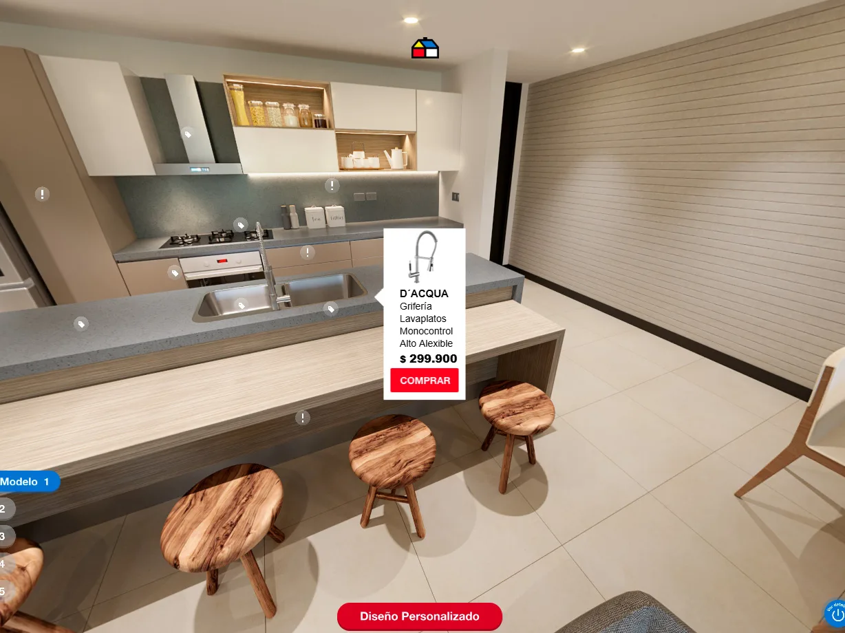 Configurador de cocinas 360° con catálogo de productos, Homecenter