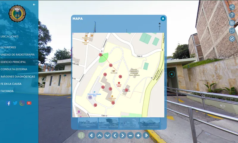 Mapa interactivo y navegación del recorrido 360° del Hospital Militar Central